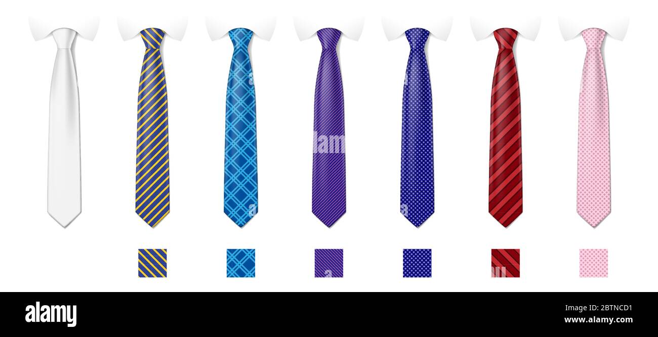 Krawatte Mockup mit verschiedenen Mode-Muster. Gestreifte Seidenkrawatten Vorlagen mit Texturen Set. Mann farbigen Krawatte Set. Vektorgrafik Stock Vektor