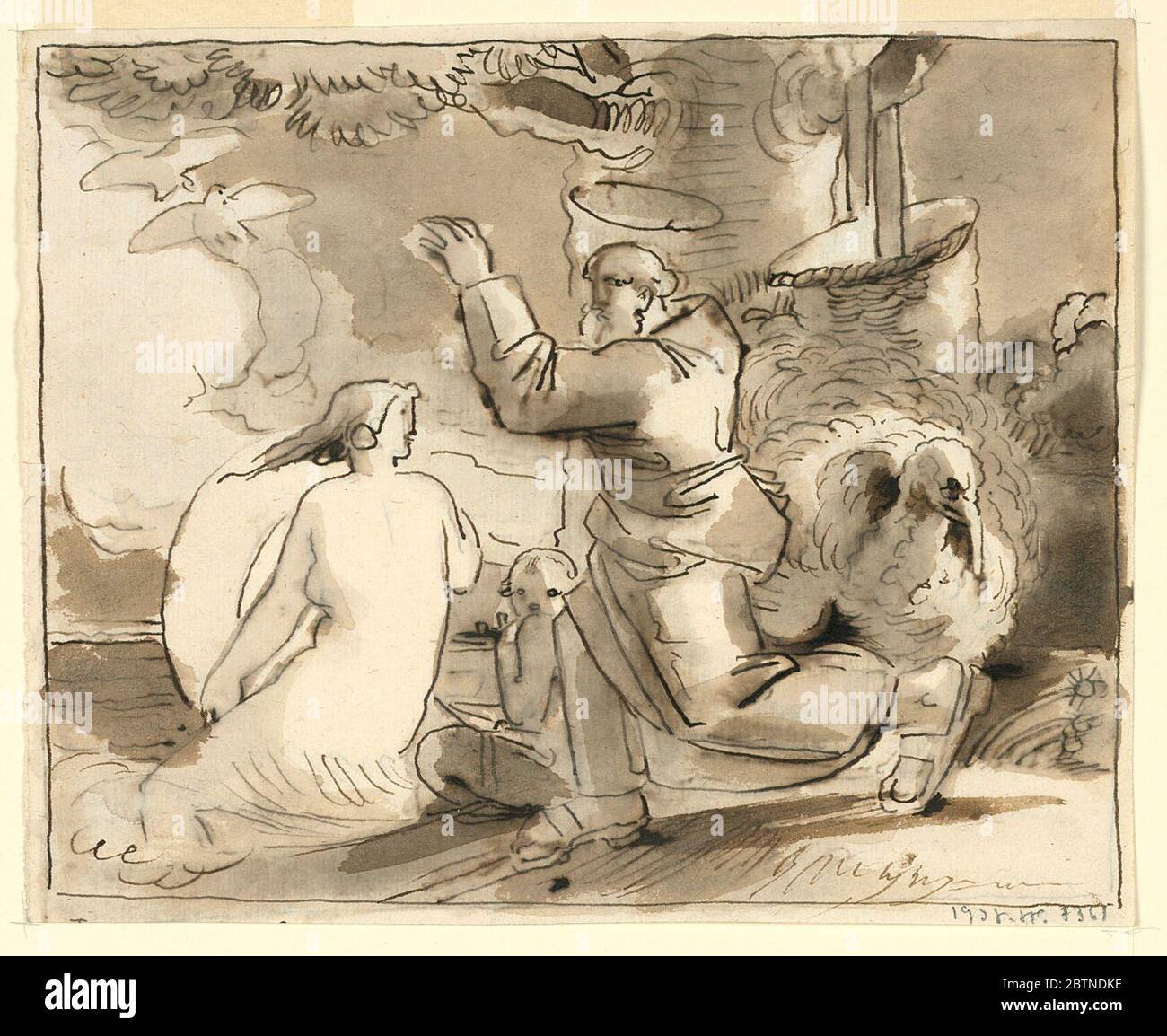 Die Versuchung des heiligen Antonius. Forschung in ProgresseDie gleiche Zusammensetzung, mit sehr wenig Variationen auf beiden Seiten des Blattes, in entgegengesetzte Richtungen. Der heilige treibt die verführerische Frau, offenbar Venus, ins Meer; Amor, sitzend. Links ein truthahn und ein großer Korb, der an einem großen Baum hängt. Stockfoto