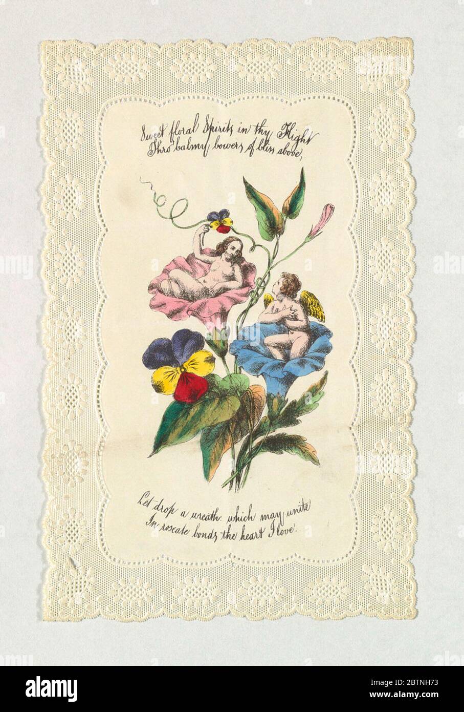 Valentinstag. Forschung im FortschrittIm Zentrum, Morgenruhmungen mit Venus und Amor in den Blüten ruhen. Inschrift (gedruckt in schwarzer Tinte): "Süße Blumengeister in deiner Flucht / thro balmy Bowers of Bliss darüber, / Lassen Sie einen Kranz, der vereinen / in Rosat bindet dein Herz, das ich liebe". Stockfoto