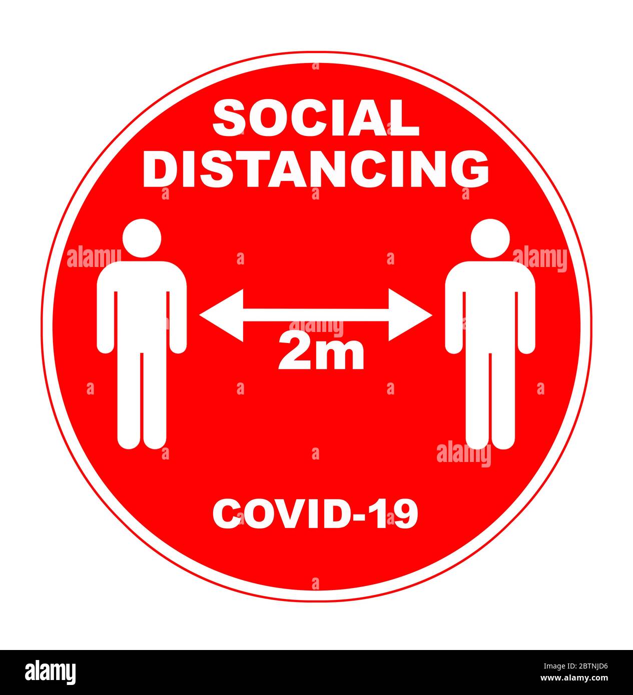 Kreisförmiges 2 Meter langes Warnschild für soziale Distanzierung Stockfoto