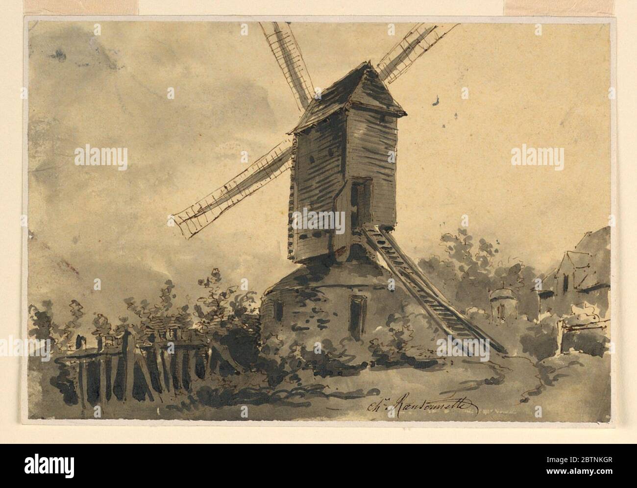 Eine Windmühle. Forschung in Progressschräg von der Rückseite gezeigt. Ein Geländer ist links, Häuser sind rechts abgebildet. Die Signatur Ches Ransonnette ist unten rechts geschrieben. Stockfoto