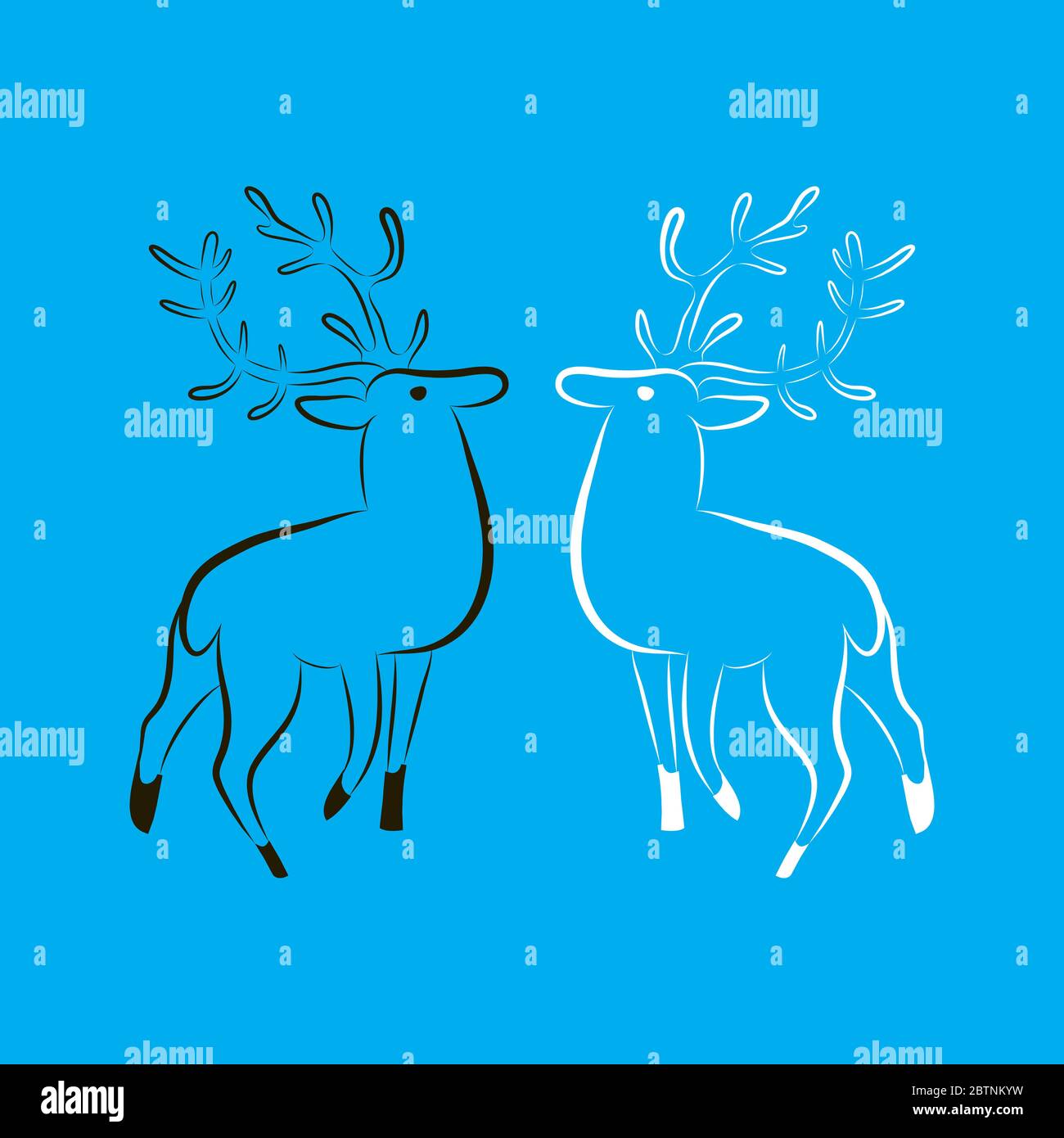 Zwei Hirsche Silhouetten. Schwarzes Reh gegenüber weißem Reh. Hand Konturzeichnung. Seitenansicht. Minimalistischer Stil. Vektorgrafik EPS 10 auf blauem Hintergrund Stock Vektor