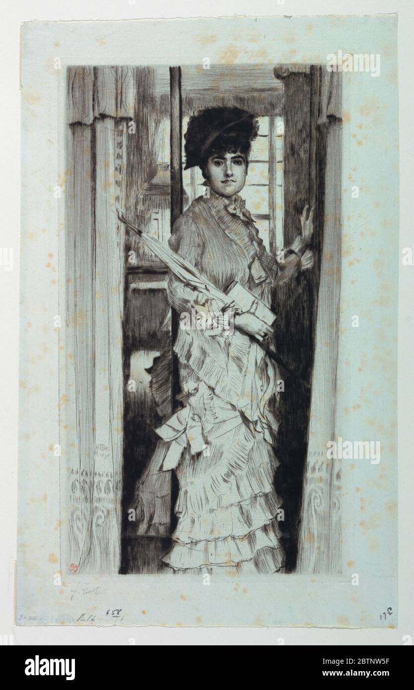 Miss L. Forschung in ProgressEine Frau ist vertreten, die in einer Tür steht; ihr Regenschirm liegt auf ihrem rechten Arm; ihre linke Hand ist an der Tür platziert. Stockfoto