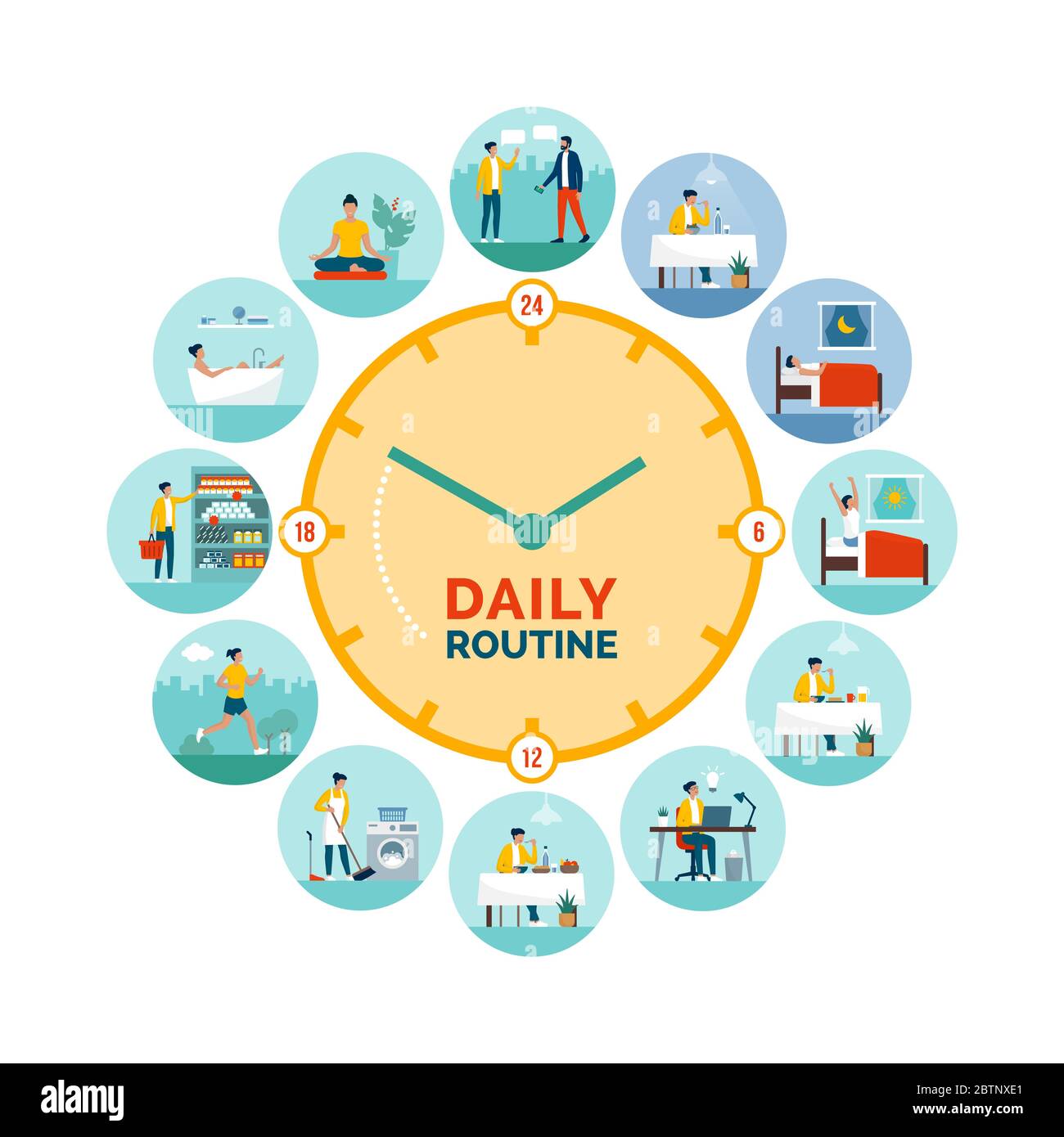 Uhr mit täglichen Aktivitäten Routine: Frau verschiedene Aufgaben während Tag und Nacht, gesunde Lebensweise und biologische Rhythmen Konzept Stock Vektor