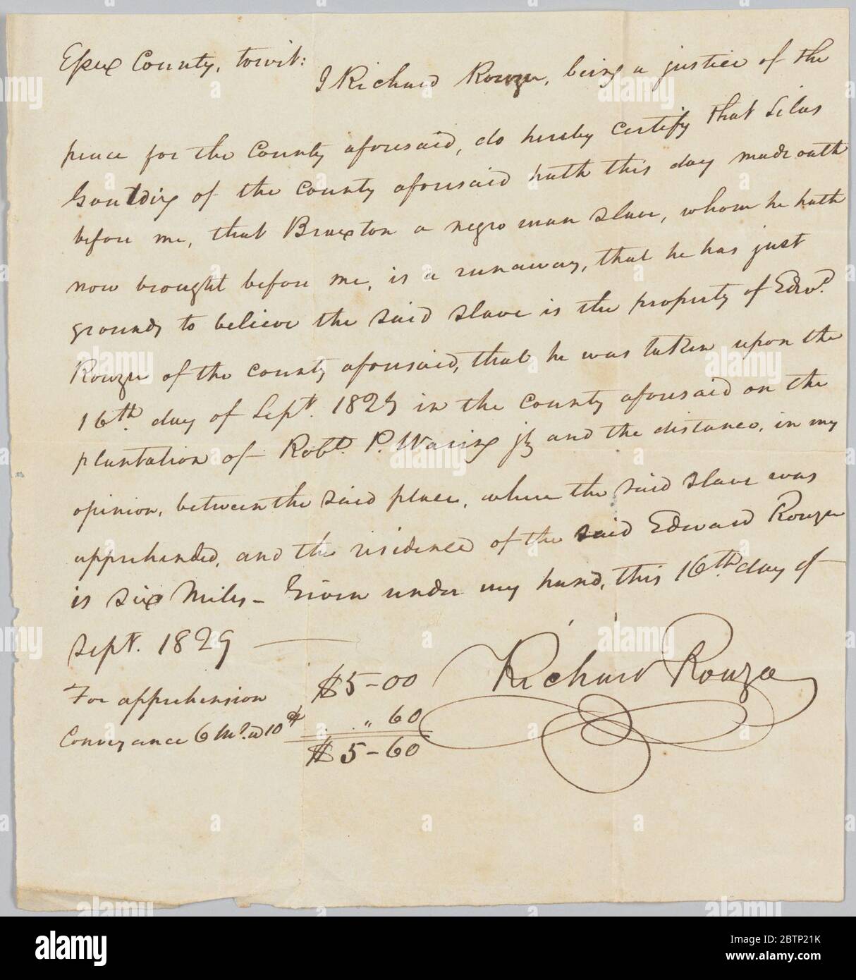 Zahlungsbeleg für die Festnahme von Braxton Eigentum von Edward Rouzee. Dieses Dokument stammt aus einer Sammlung von Finanzpapieren, die sich auf die Plantagenoperationen mehrerer Generationen der Familie Rouzee in Essex County, Virginia beziehen. Stockfoto