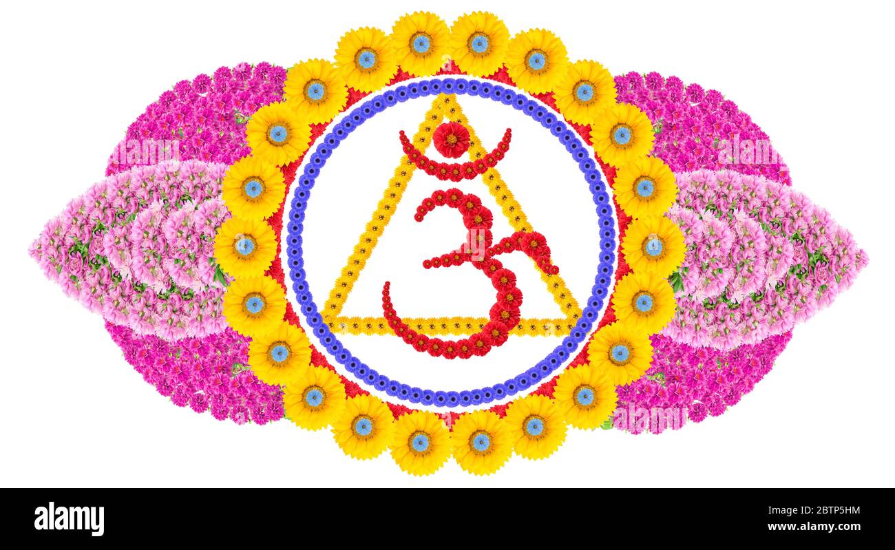 Bild des Ajna Chakra in der späten hindu-Tradition. Im Inneren des zweiblättrigen Lotus gibt es einen Kreis, ein Dreieck, ein OM-Mantra und Lingas. Mit Blumenkost und Isouum Stockfoto