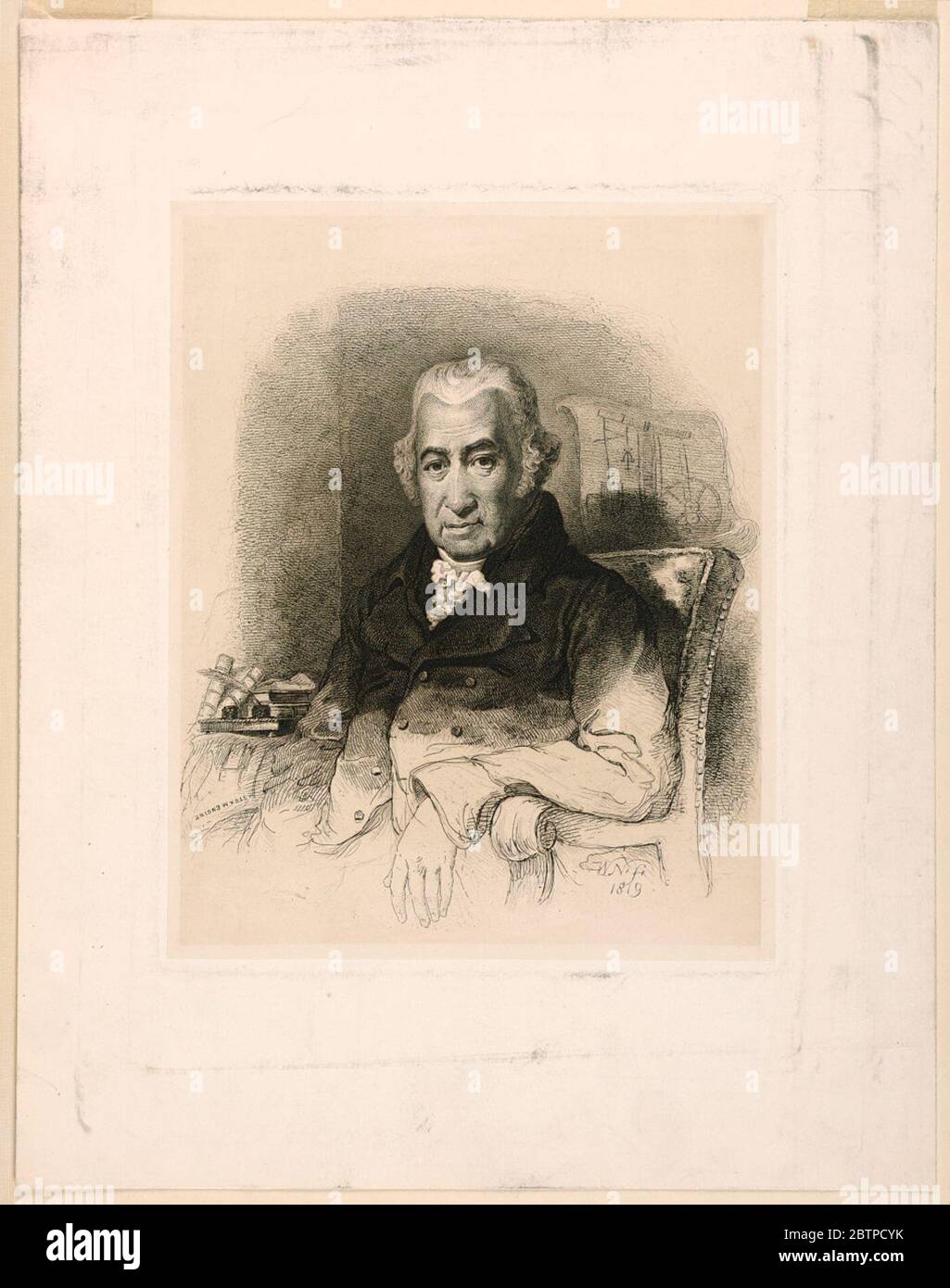 Porträt von James Watt. Forschung in ProgressHalf-langes Porträt des schottischen Erfinders James Watt (1736-1819), sitzend an seinem Schreibtisch, ein Viertel nach links gerichtet, sein Blick nach vorne gerichtet. Sein linker Unterarm ruht auf dem Arm des Stuhls. Bücher, Stift und Zeichnungen hinter ihm. Stockfoto