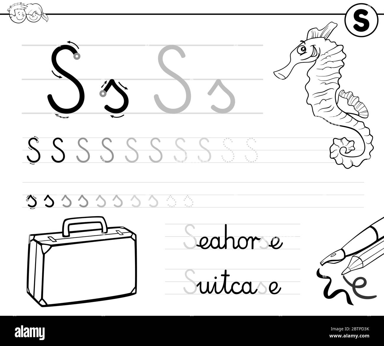 Schwarz Wei Cartoon Illustration Der Schreibf higkeiten bungsblatt