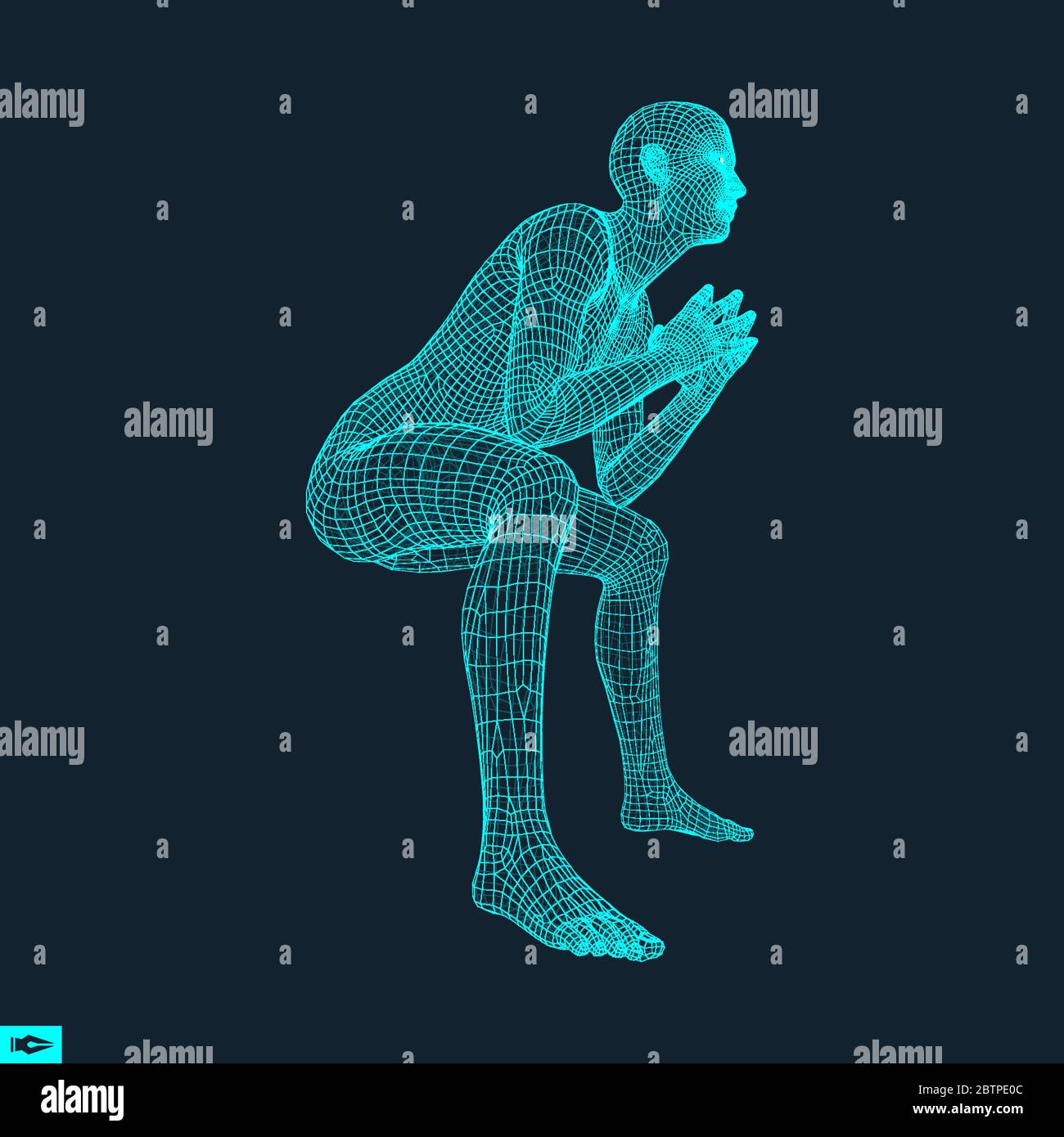 Mann in einem Denker darstellen. 3D-Modell des Menschen. Geometrischen Design. Menschliche Körper Kabel Modell. Wirtschaft, Wissenschaft, Psychologie oder Philosophie Vektor Illustration. Stock Vektor