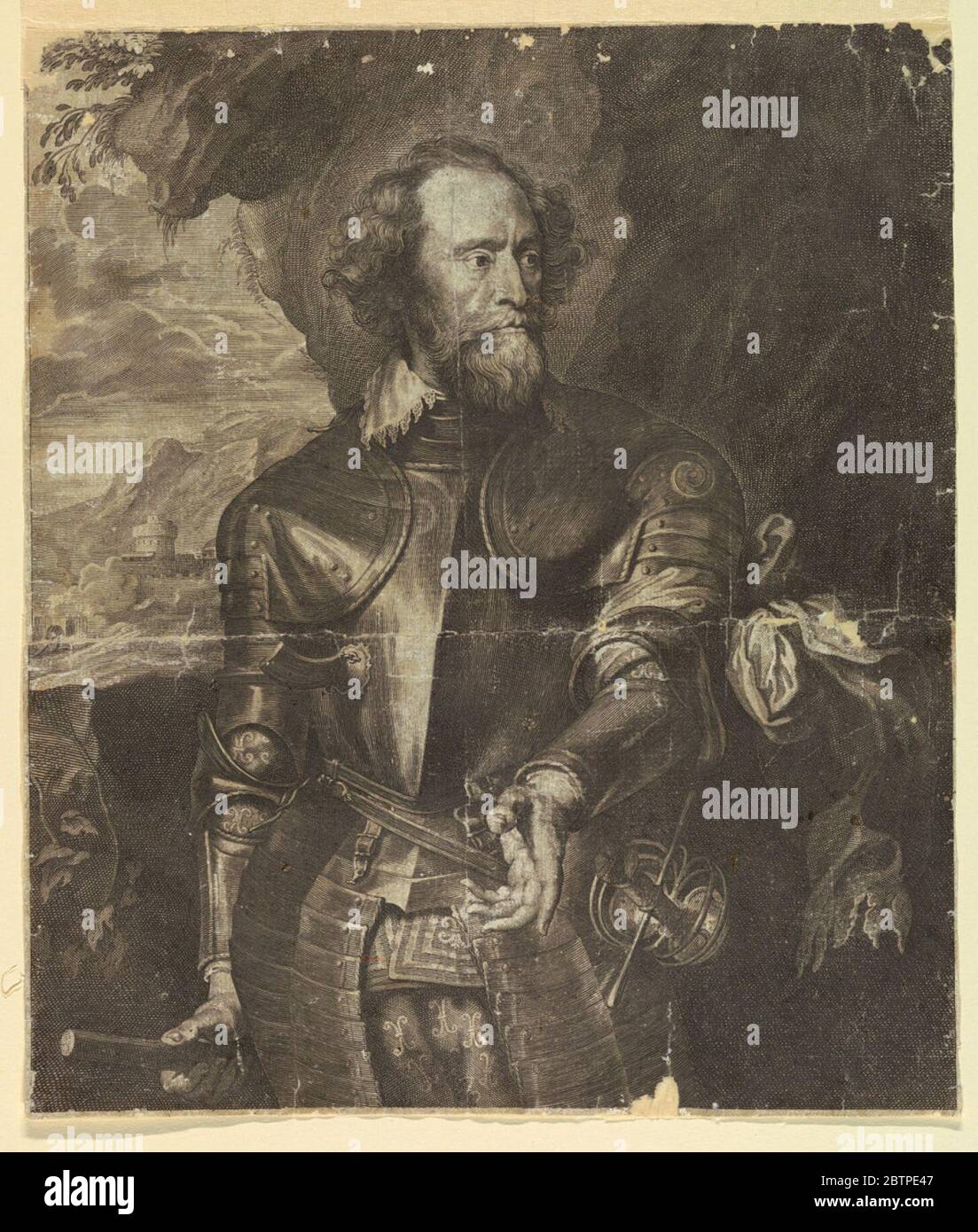 Porträt von Thomas Howard Earl of Arundel. Forschung in ProgressHalf-Länge Figur von Thomas Howard, Earl of Arundel (c. 1562-1639), in Rüstung, vor einer Landschaft stehend, mit dem Stab in der rechten Hand, an seiner Seite. Der Name des Gravierers ist unten abgeschnitten. Stockfoto