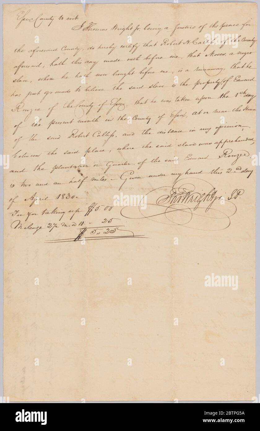 Eidesstattliche Erklärung der Befürchtung des Moses Eigentum von Edward Rouzee. Dieses Dokument stammt aus einer Sammlung von Finanzpapieren, die sich auf die Plantagenoperationen mehrerer Generationen der Familie Rouzee in Essex County, Virginia beziehen. Stockfoto