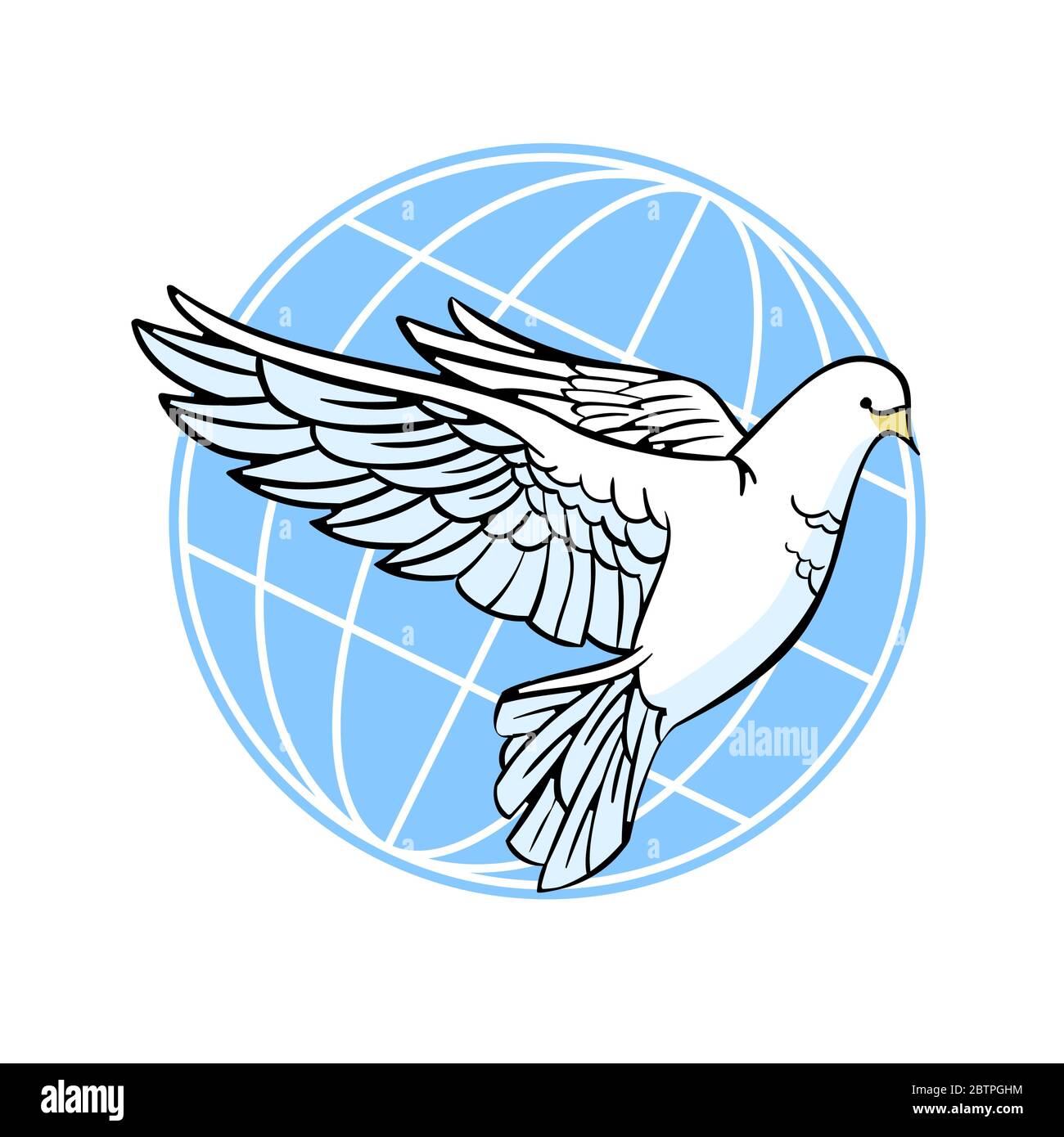 Taube des Friedens. Weiße Taube auf dem Hintergrund der Erde. Stock Vektor