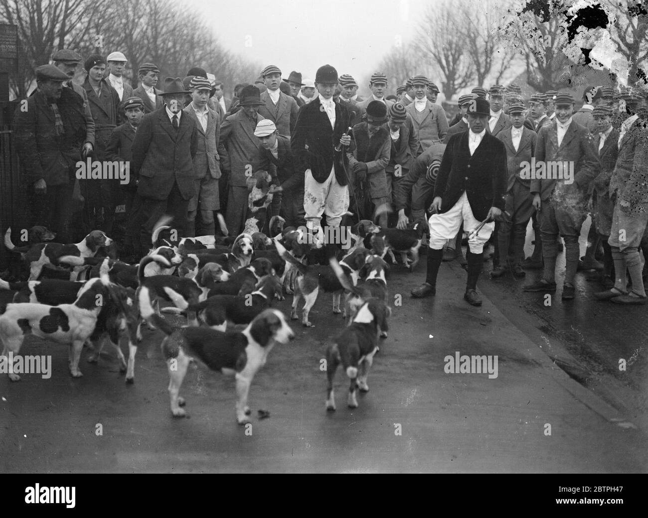 Eton College Beagles. Die Eton College Beagles trafen sich auf der Prince of Wales, Slough, ihre erste Sitzung seit der Rückkehr des Rudel aus Alnwick Castle, Northumberland, wo sie Jagd. Lord Hugh Percy ist der Meister des Eton Beagles-Pakets. Die Eton beagles mit Lord Hugh Percy und den Jungen Anhänger am Anfang der Flucht aus Slough . 23. Januar 1932 Stockfoto