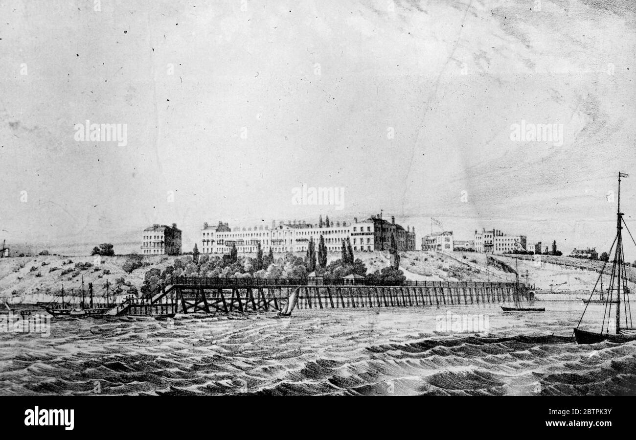 100 Jahre Southend Pier . Ein Druck von Southend Pier im Jahr 1837, wahrscheinlich das früheste Bild davon in Existenz. 12. Januar 1935 Stockfoto
