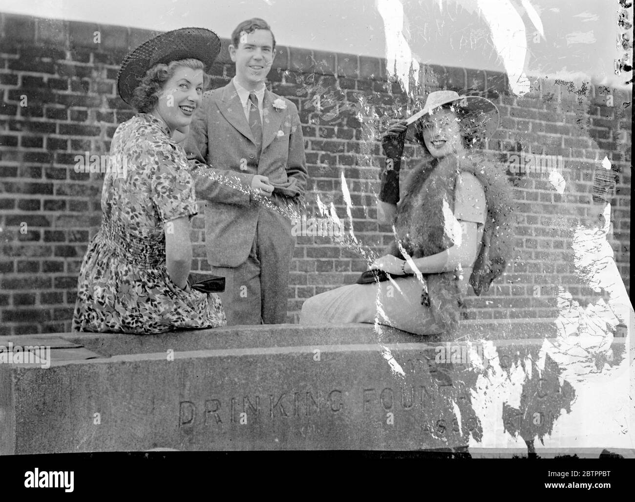 Knopfloch für Lord's. Miss Betty Archer, eine der berühmten Zwillinge der Gesellschaft, stifte eine Nelke in das Knopfloch ihres Bruders, als sie am zweiten Tag des Spiels Eton und Harrow auf Lord's Ground ankamen. Rechts ist Lslie, der andere Zwilling. Juli 1938. Stockfoto