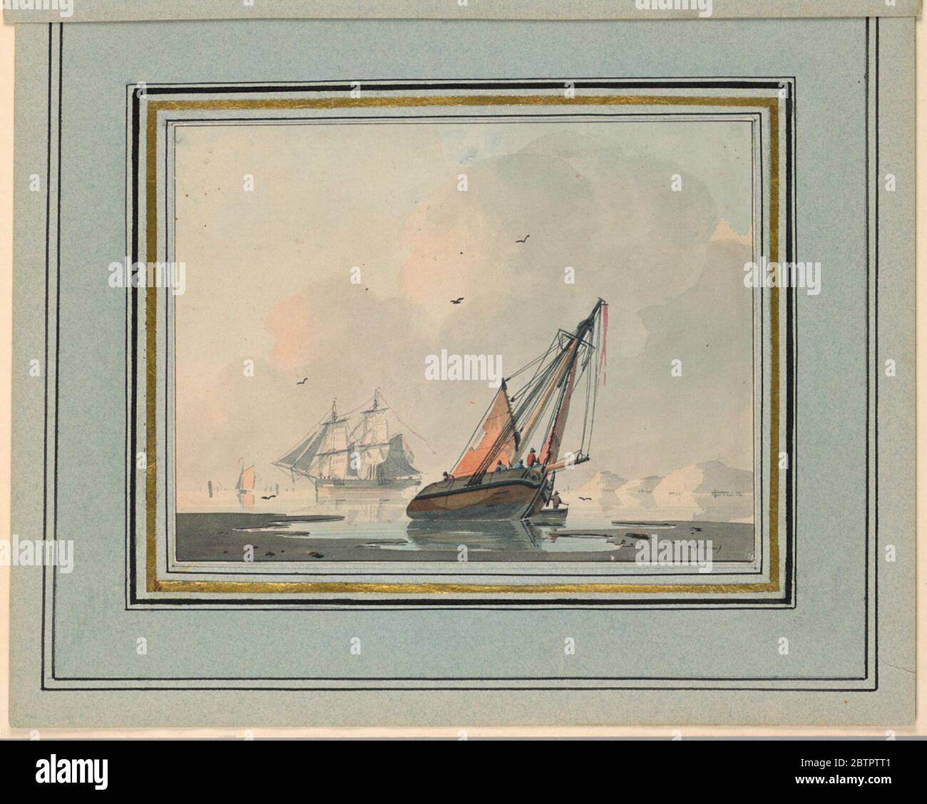 Segelschiffe in einer Bucht. Forschung in ProgressEines der Schiffe liegt in der ersten Ebene nahe der Küste. Daneben befindet sich ein Ruderboot mit einem Mann, der sich darin befindet. In der mittleren Ebene ist ein großes Schiff mit der holländischen Flagge zu sehen. Andere Schiffe sind im rechten Hintergrund. Stockfoto