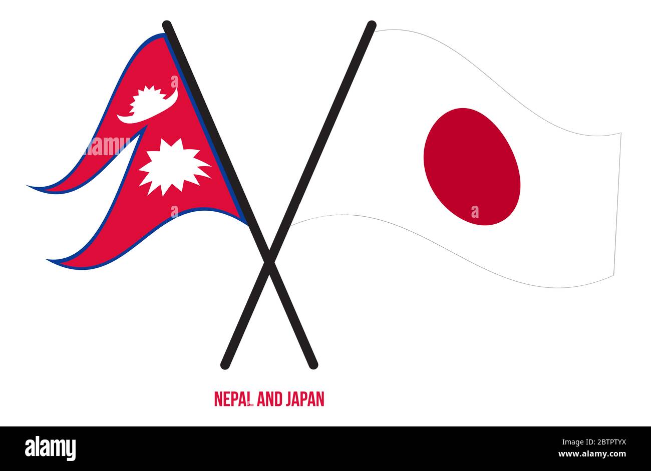 Nepal und Japan Flaggen gekreuzt und winken Flat Style. Offizieller Anteil. Richtige Farben. Stockfoto