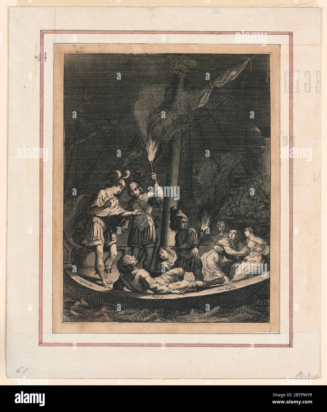 Szene aus Desmarets de SaintSorlins Play Ariane. Forschung in ProgressVieren Frauen, drei Soldaten und ein anderer Mann in einem kleinen Boot in der Nähe eines felsigen Ufers mit einer Burg. Nachtaufnahme. Stockfoto