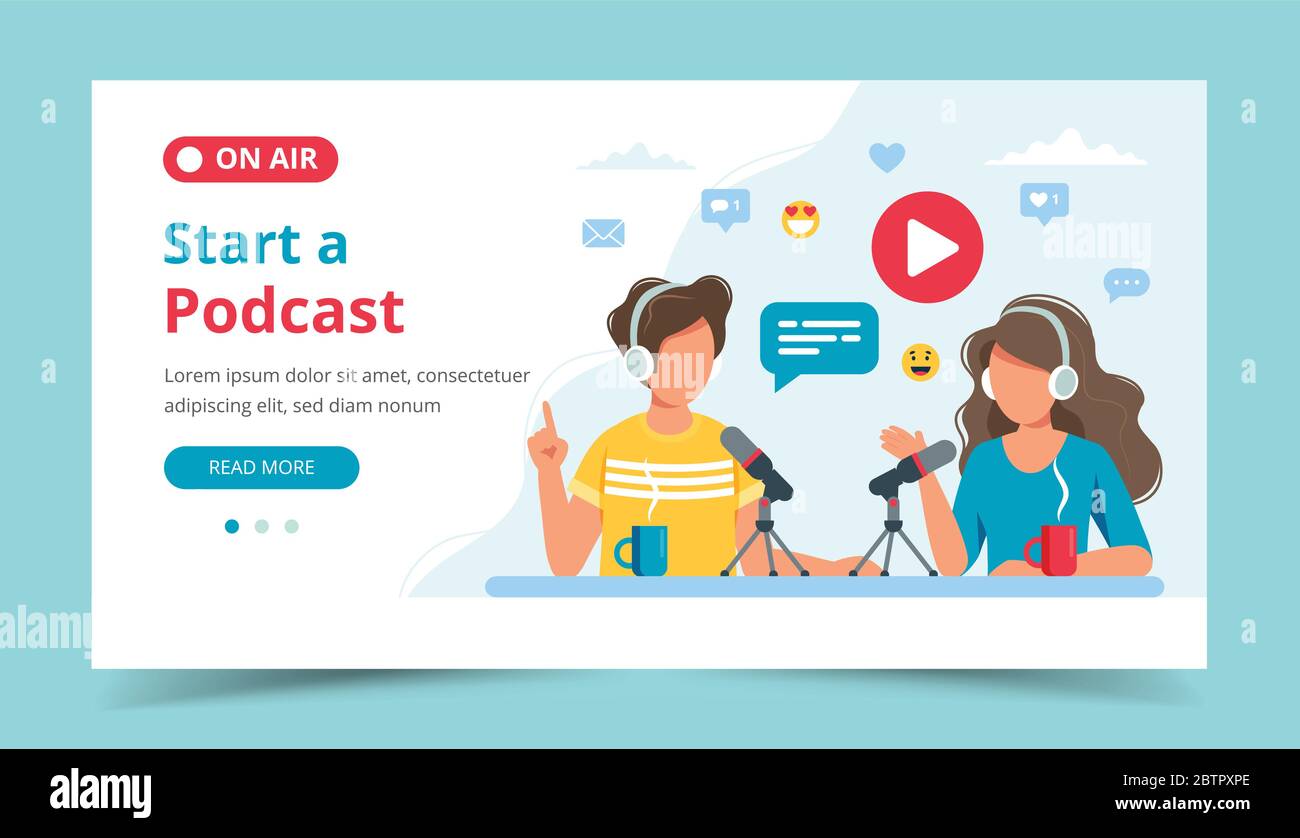 Podcasts sprechen mit Mikrofon Aufnahme Podcast im Studio. Vorlage für Landing Page. Vektorgrafik im flachen Stil Stock Vektor