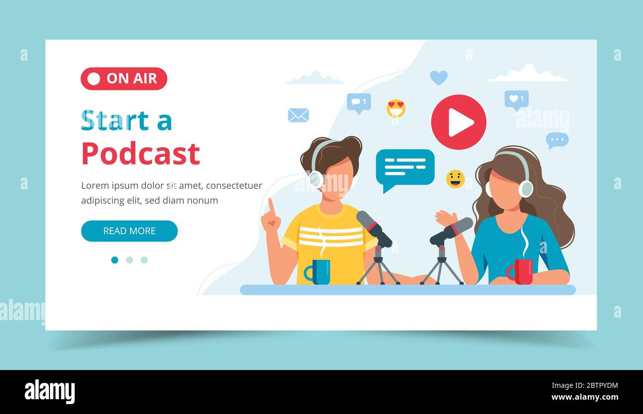 Podcasts sprechen mit Mikrofon Aufnahme Podcast im Studio. Vorlage für Landing Page. Vektorgrafik im flachen Stil Stock Vektor