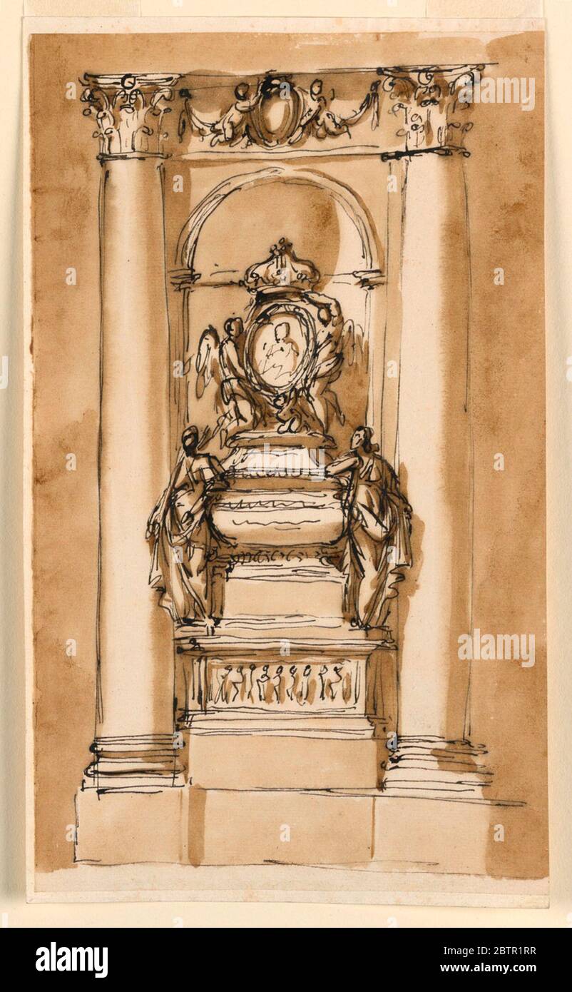 Stuart Monument. Forschung in ProgressIntended für eine Interkolumniation zwischen zwei eingebetteten Säulen, und in einer Nische. Zwischen den Kapitellen befindet sich ein Fries mit einem Escutcheon, der von zwei fliegenden Putten gestützt wird, vor den vorgefliesten Festonen. Unten ist ein Stereobat. Stockfoto