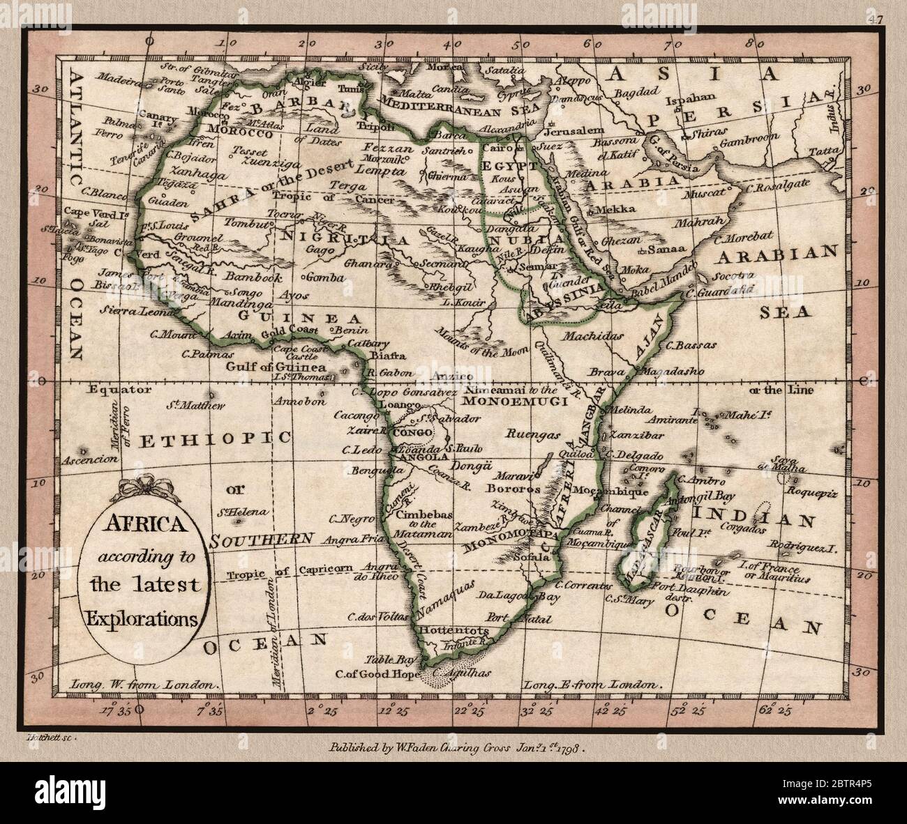 'Afrika nach den neuesten Explorationen.' Karte zeigt wichtige Wahrzeichen des afrikanischen Kontinents. Dies ist eine wunderschön detaillierte historische Kartenwiedergabe. Original aus einem britischen Atlas des berühmten Kartographen William Faden wurde um 1798 erstellt. Stockfoto