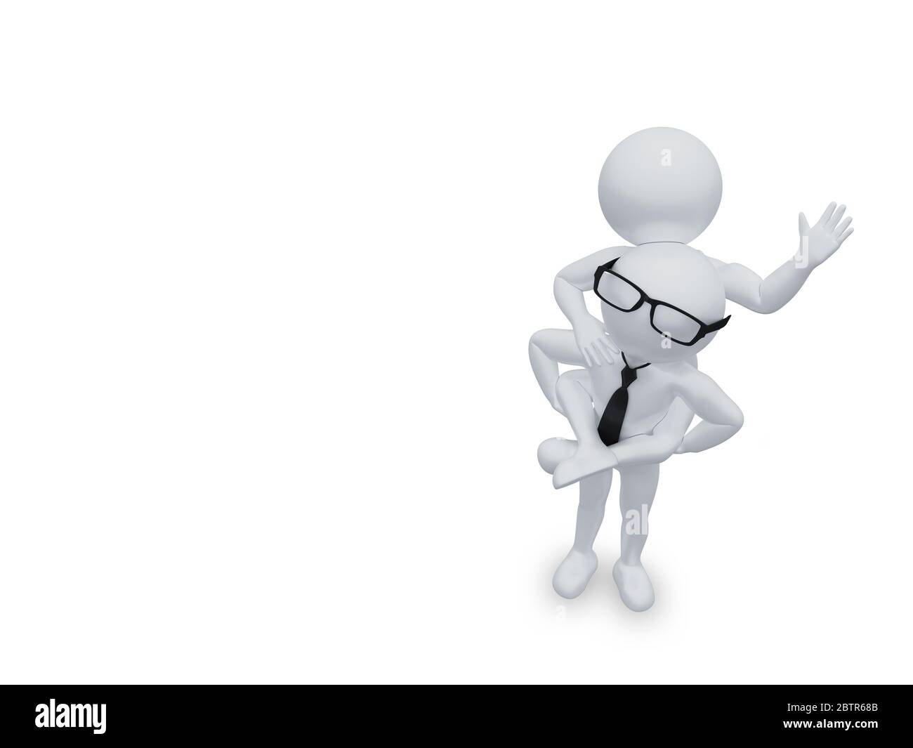 Geschäftsmann Stick Figur mit einem "Client" Figur Piggy back Fahrt und eine freie Ecke Raum. Stockfoto