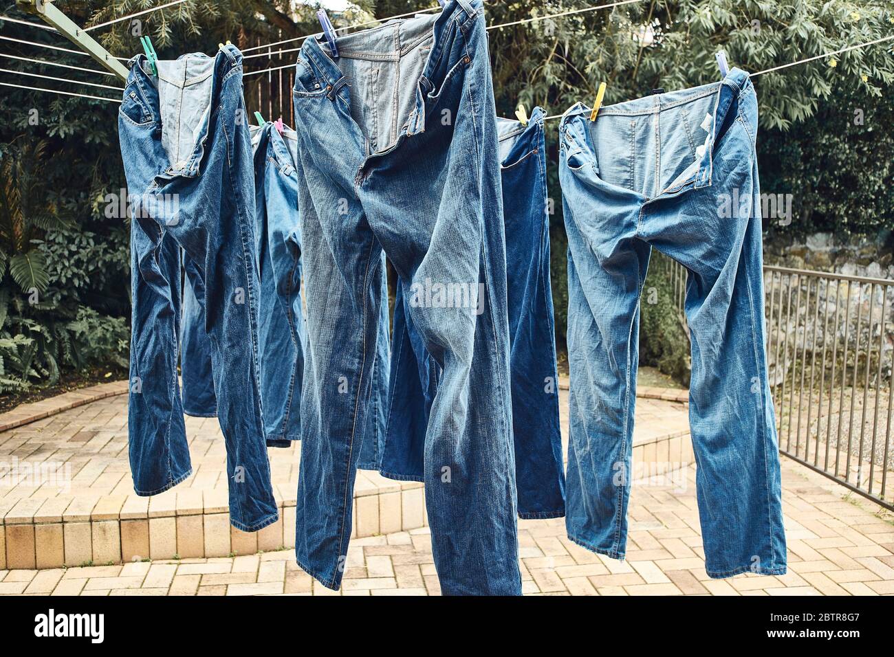 Fünf Paar Jeans trocknen die Übergabe an einen Gartentrockner Stockfoto