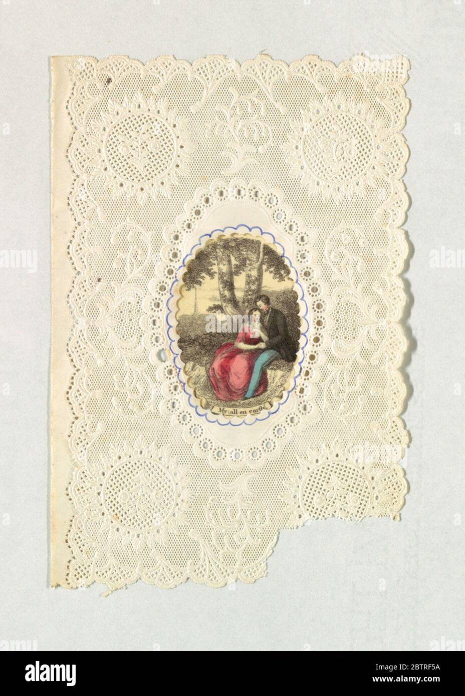 Valentinstag. Forschung im FortschrittIm Zentrum, Landschaft, mit zwei Liebenden in der Nähe eines großen Baumes sitzen. Unten auf dem Druck eingeschrieben: 'Mein aller auf Masse'. Stockfoto