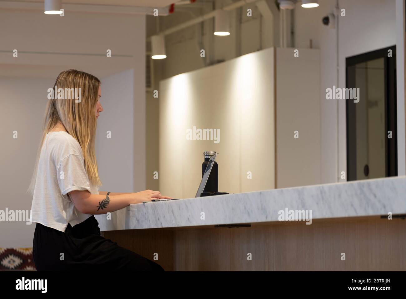 Eine junge Frau, die in einem modern gestalteten Coworking Space an einem Laptop arbeitet Stockfoto