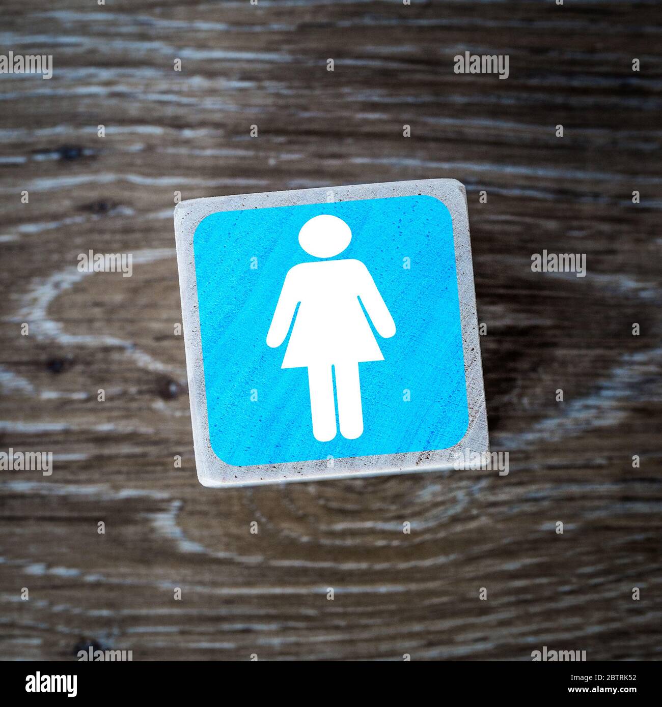 Ein blaues Damen-Toilettenschild, Symbol oder Symbol auf einem Holzblock mit Holzhintergrund und Kopierraum Stockfoto