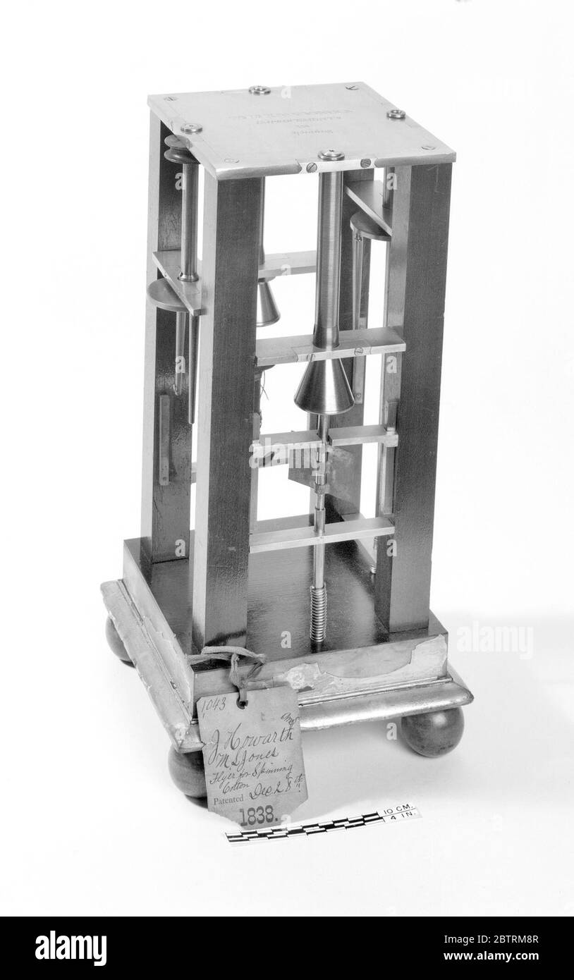 1838 Howarth und Joness Patentmodell eines Baumwollflyer. Spindel und Flyer PatentmodellPatent Nr. 1,043, ausgestellt am 28. Dezember 1838John Howarth und Nathan F. Stockfoto