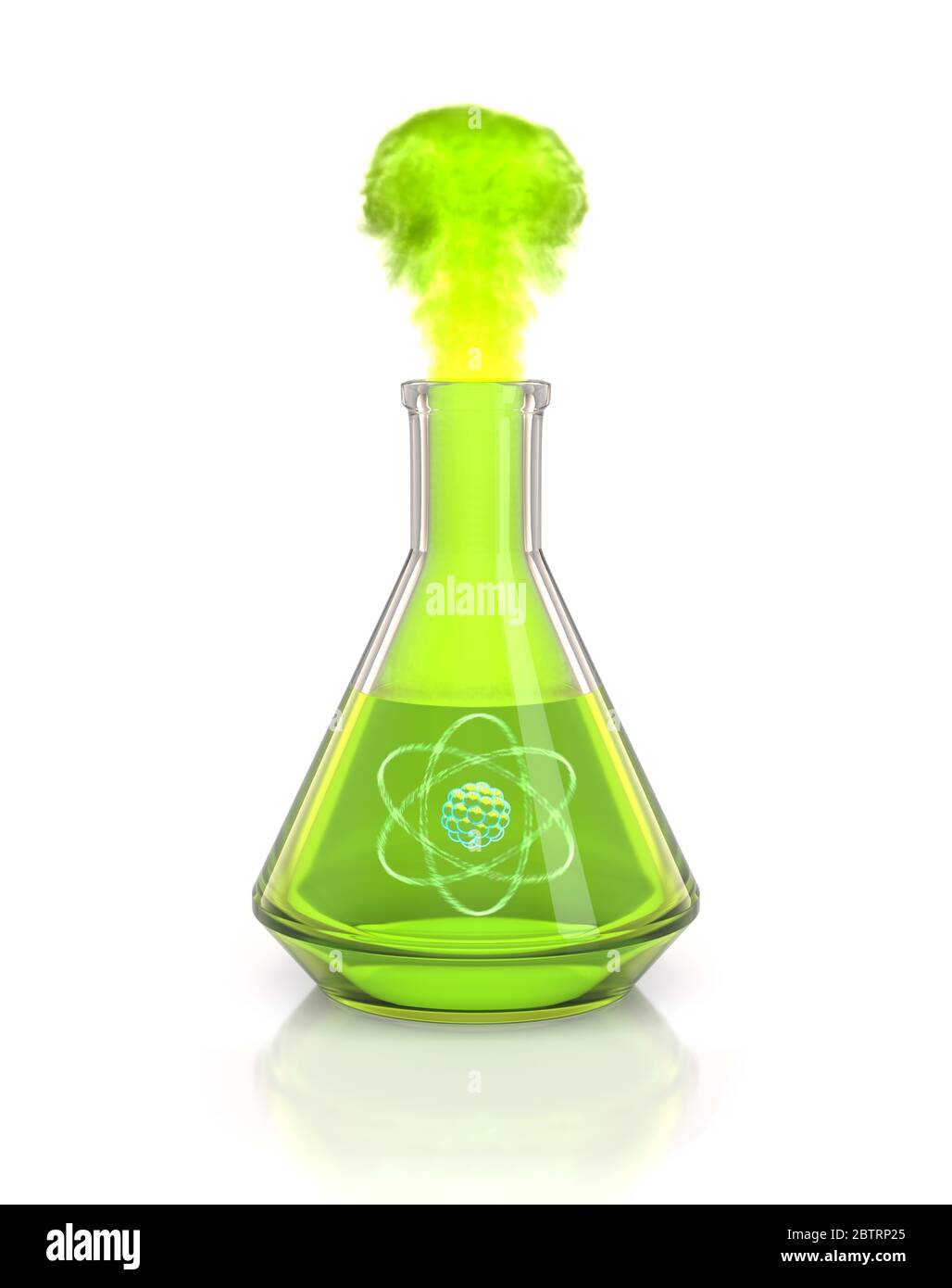 Erlenmeyerkolben gefüllt mit grüner Flüssigkeit und einem atomaren Symbol, das radioaktives Gas macht, auf weißem Hintergrund Stockfoto