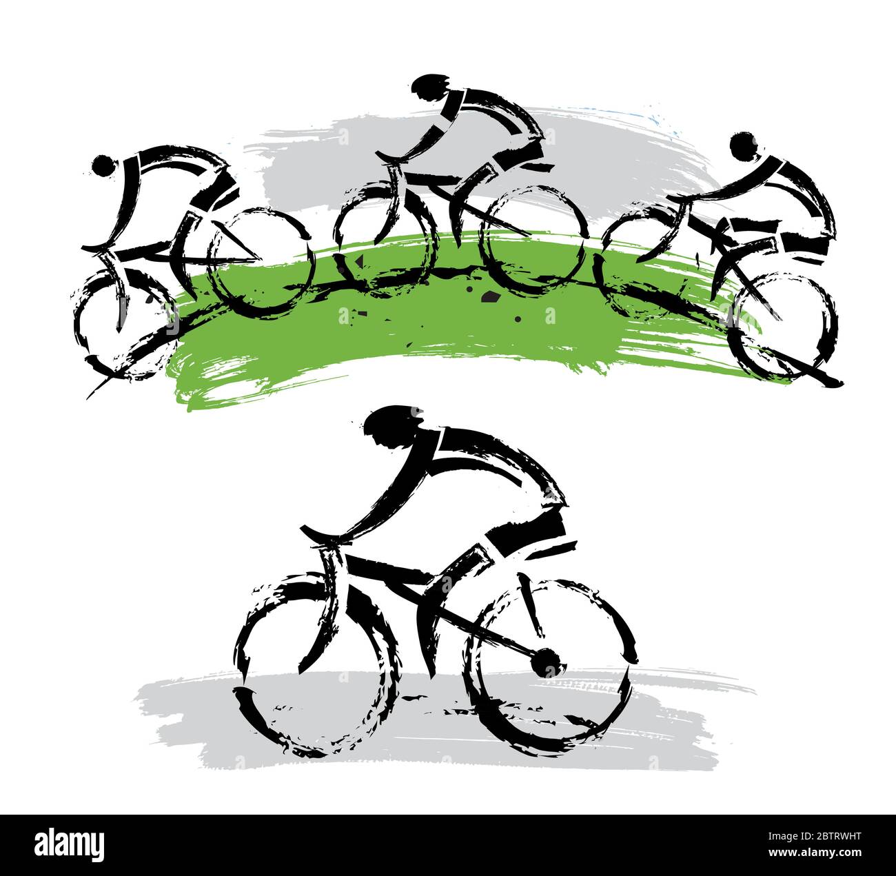 Mountainbiker auf einem Hügel. Zwei ausdrucksstarke Grunge stilisierte Illustrationen von Mountainbikern. Vektor verfügbar. Stock Vektor