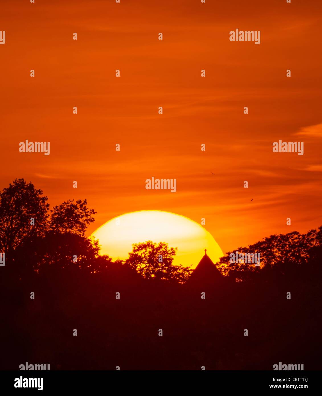 Wimbledon, London, Großbritannien. 26 Mai 2020. Spektakulärer orangefarbener Sonnenuntergang hinter Wimbledon Hill am 65. Tag der Sperrung des Coronavirus mit Sommerschwalben über einem Kirchturm. Quelle: Malcolm Park/Alamy Live News. Stockfoto