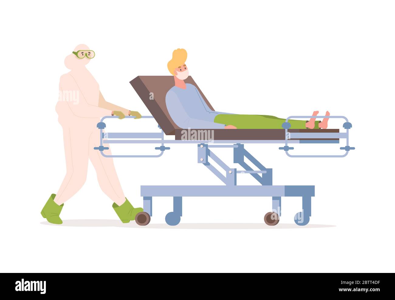 Arzt oder Krankenschwester in Schutzanzug und Brille transportieren kranken Patienten in medizinischen Gesichtsmaske auf Liege Vektor flache Abbildung. Isolierung und Quarantäne des kranken Mannes während des weltweiten Ausbruch des Coronavirus. Stock Vektor