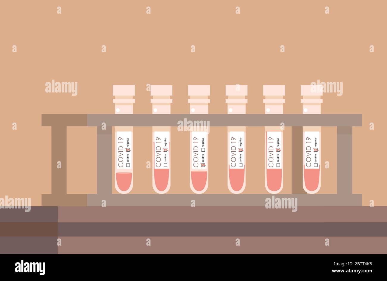 Medizinische Glasröhrchen mit Blutprobe auf Covid-19 Vektor flache Abbildung. Alle Tests negativ, eine positiv. Impfstoffentwicklung, Virenanalyse im Labor. Laboruntersuchungen für Virusbehandlungen. Stock Vektor