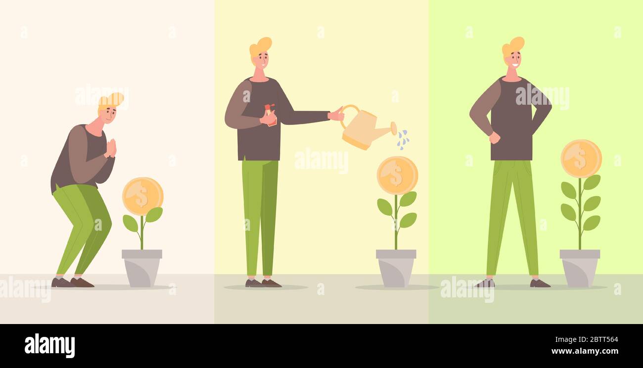 Junger Mann, der Geld gießt, Münzbaum, Ersparnisse und sein Vermögenswachstum Vektor flache Illustration. Geschäftsmann wächst seine Investitionen. Erträge aus Investitionen, Erträgen, Wirtschaftswachstum Konzept. Stock Vektor