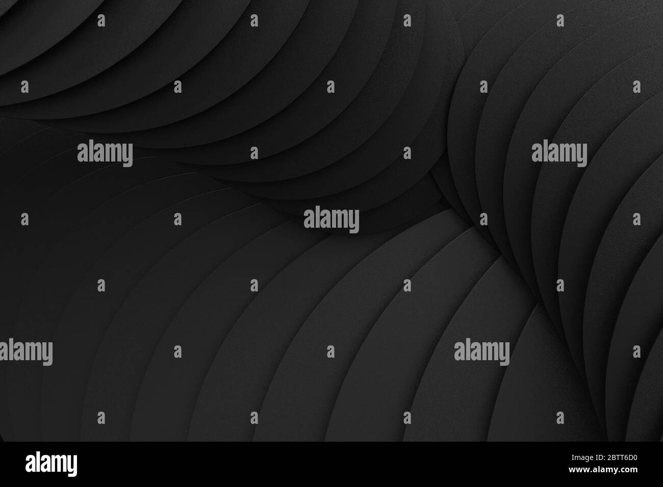 3D-Rendering von schwarzen gestapelten Kreisen auf schwarzer, matter Oberfläche Stockfoto