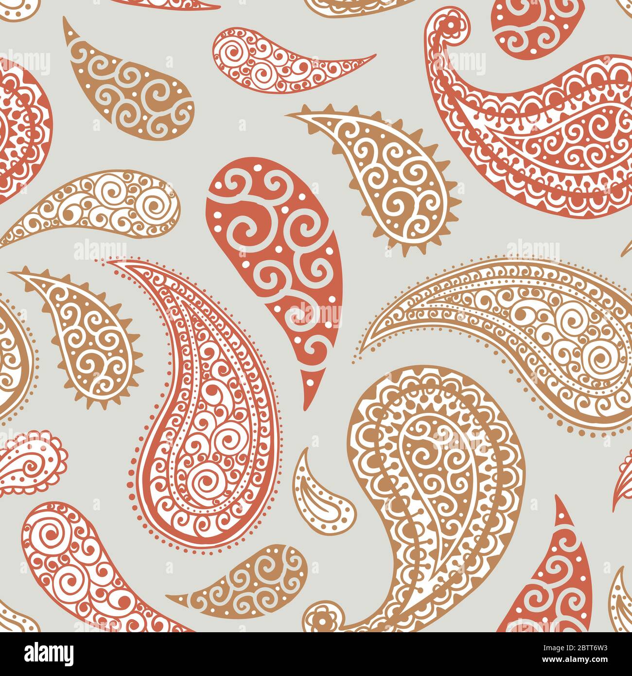 Paisley-Muster auf gelbem Hintergrund, nahtlose Gold, rot-weiß florale Ornament, Vektor-Design. Abstrakte einfache Vintage Paisley Muster Dekoration, Pastell blassen Farben floralen Stoff Hintergrund Stock Vektor