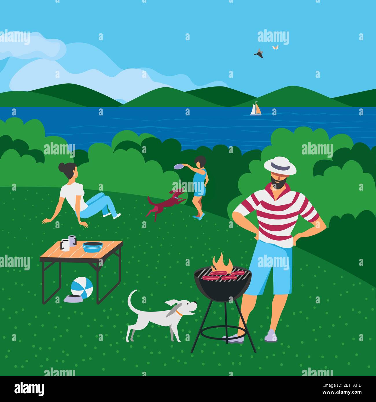 Familie Grill Picknick auf Natur flach Vektor. Sommer Outdoor-Aktivitäten Konzept. Fluss Ufer Szene Cartoon Hintergrund. Saison Urlaub Freizeit Backgr Stock Vektor