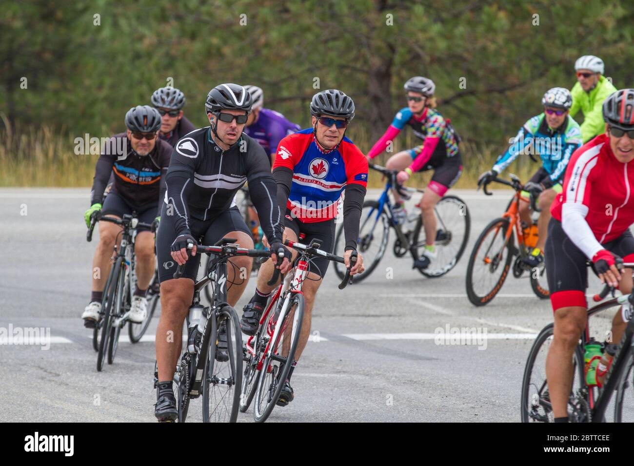 Scenic Bike Race, große Gruppe, in voller Rennausrüstung und Uniform. Landschaftlich schöner Hintergrund im Freien Stockfoto