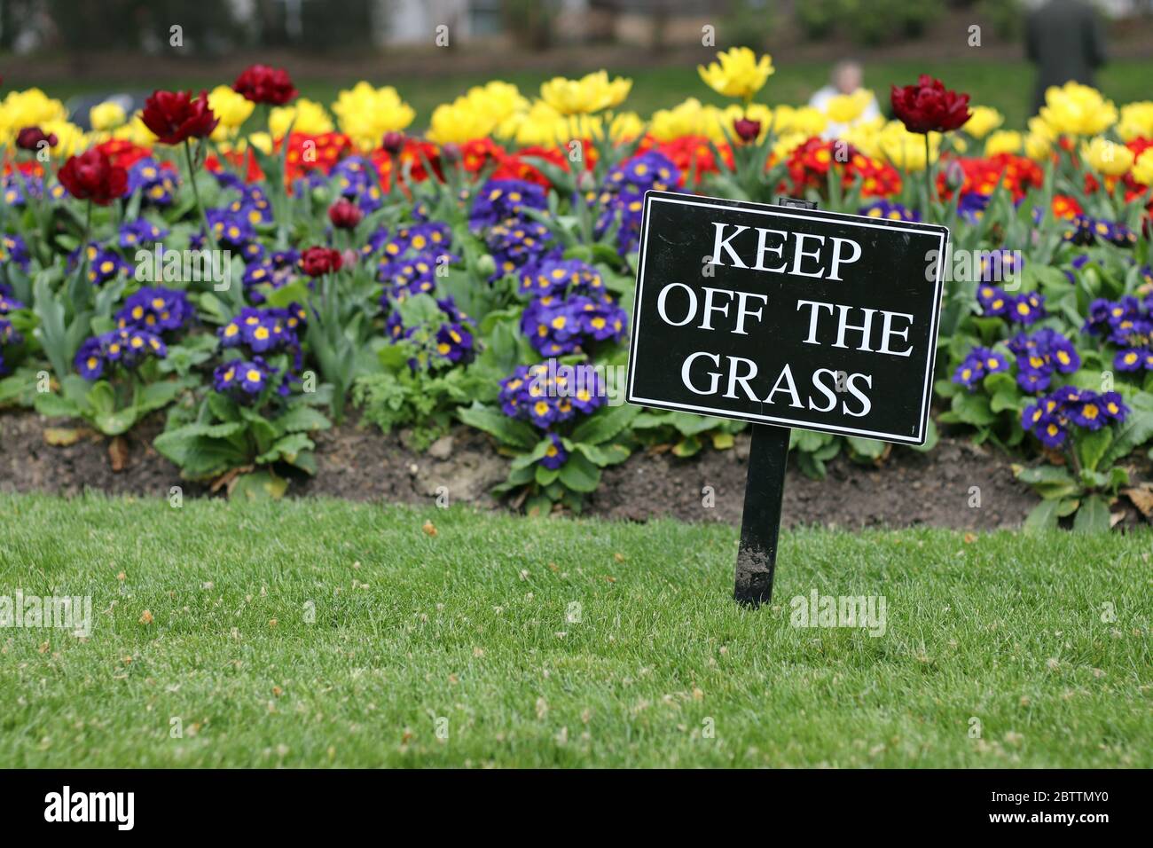 Halten Sie das Gras Zeichen - Nahaufnahme mit Blumen im Hintergrund Stockfoto