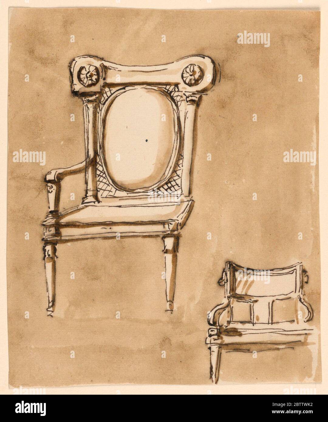 Stühle. Forschung in ProgressLinks ist ein Sessel, von der linken Ecke gesehen; der linke Arm wird weggelassen, ebenso die hinteren Beine. Die Rückseite ist ein gepolstertes großes Oval seitlich von Säulen eingerahmt, die eine Art gebogene Entablatur unterstützen. Stockfoto