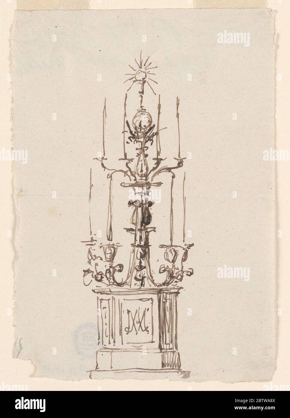 Kerzenständer wahrscheinlich für Zimmer im Palazzo Altieri Rom. Forschung in ProgressNachfolgend ist eine achteckige Basis mit dem Monogramm der Jungfrau, MA, in der Tafel der Vorderseite. Von einer zentralen Stützfeder unten oben entweder schräg Seite zwei Branchecs mit Kerzen, und oben sichtbar die gleiche Zahl. Stockfoto