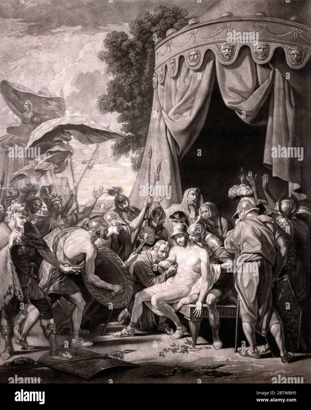Der Tod von Epaminondas Vintage 17. Jahrhundert Gravur von Valentine Green nach Gemälde von Benjamin West. Stockfoto