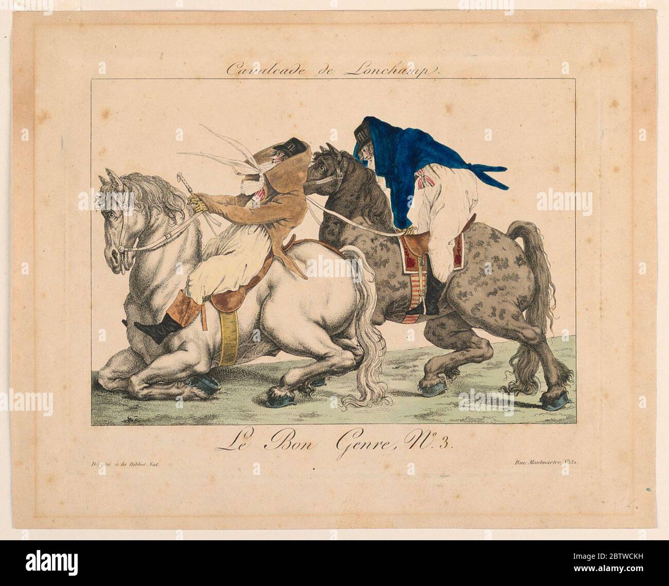 Cavalcade de Longchamp. Forschung in ProgressZwei fops Reiten Drafting Pferde, eine auf den Knien. Oben: Titel. Unten: ' Le Bon Genre, No. 3' und ' Déposé à la Bibliot[heque] Nat[tionale]…Rue Monmartre, No. 132'. Stockfoto