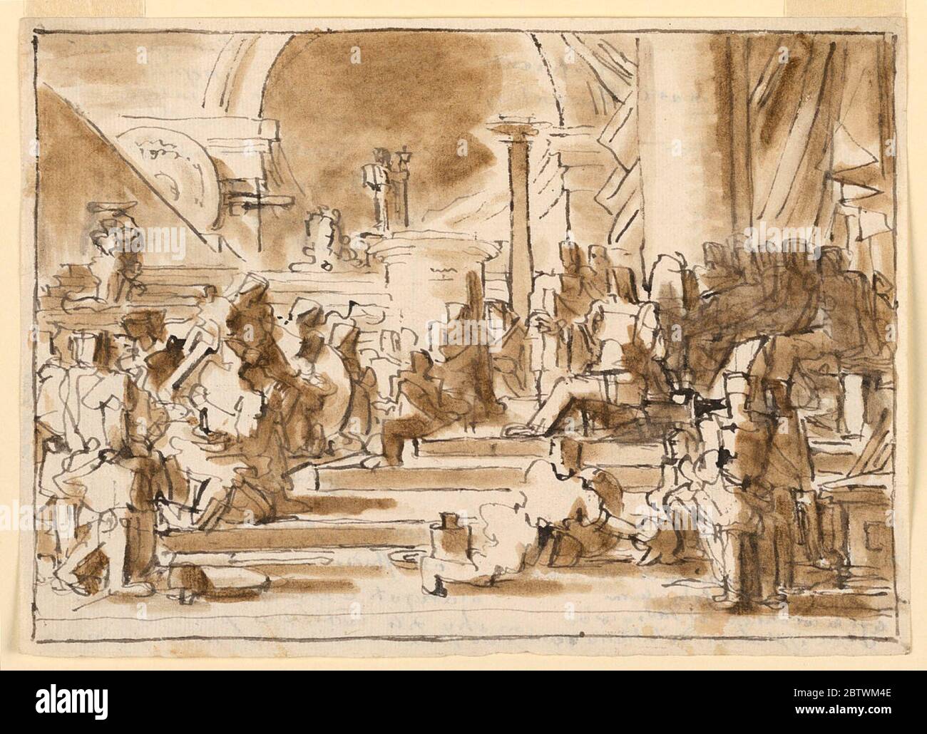 Klassische Szene mit Figuren und Monumenten. Forschung in ProgressKlassische Szene mit Figuren und Denkmälern. Große Figur in der Mitte rechts scheint über die Sammlung, während Figur in der unteren Mitte scheint betteln oder bestraft werden. Stockfoto