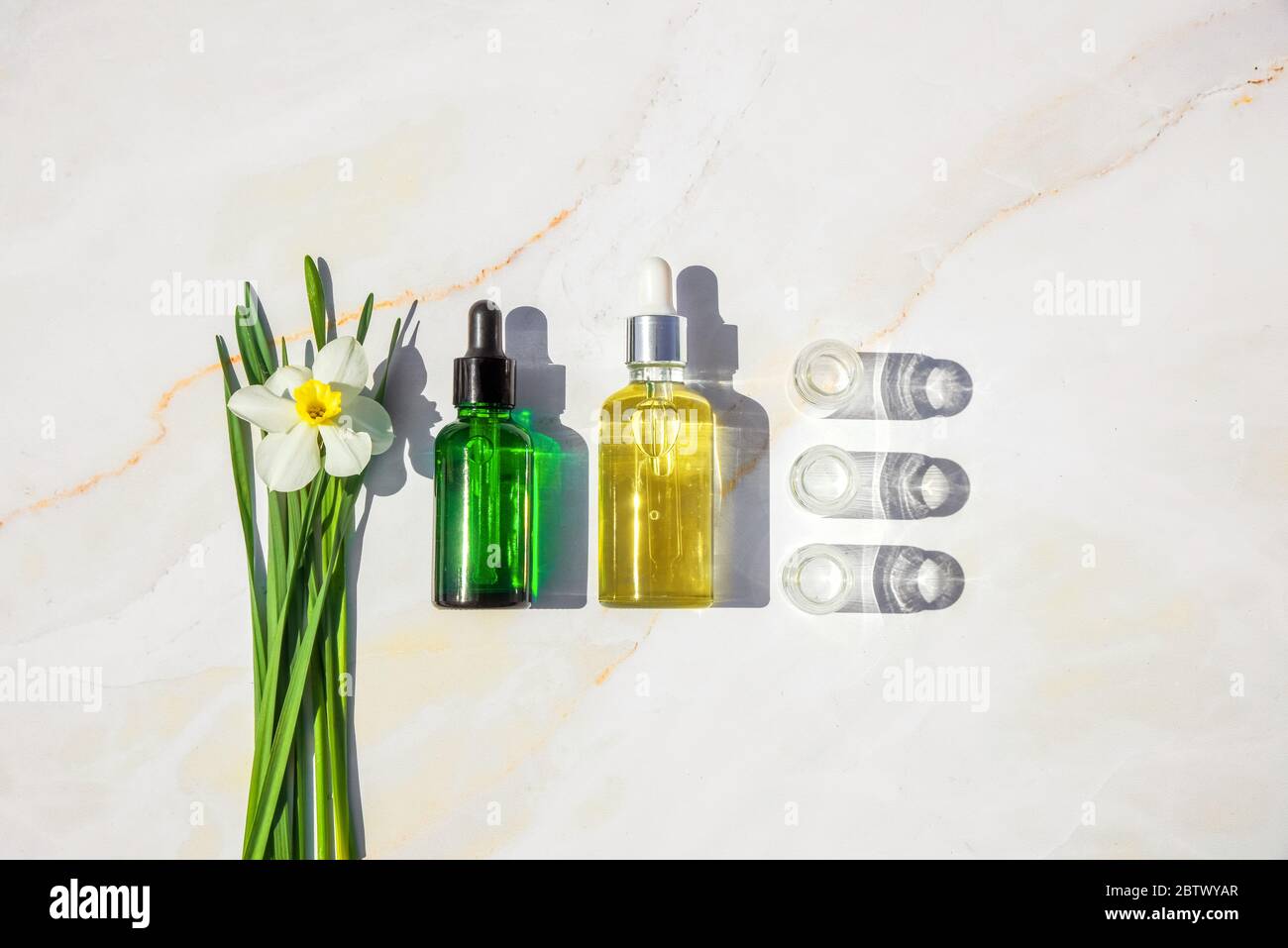 Homöopathisches Öl, Serum und Flaschen mit Pflanzen auf Marmorgrund Stockfoto