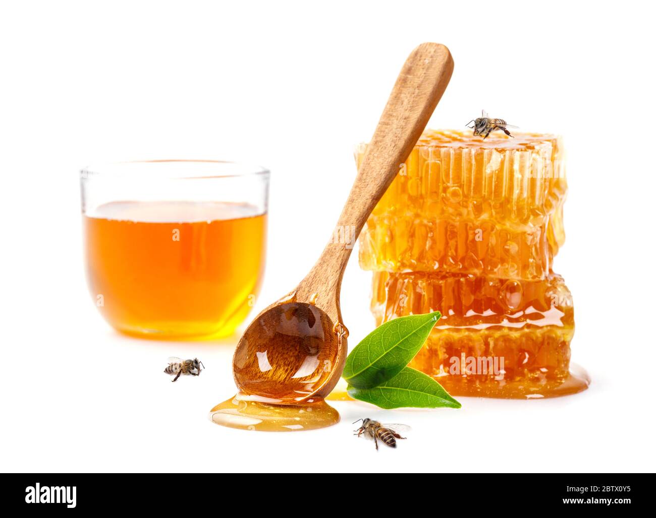 Wabe mit Biene und Honiglöffel isolieren auf weißem Banner Hintergrund, Bienenprodukte von Bio-Naturinhaltskonzept Stockfoto